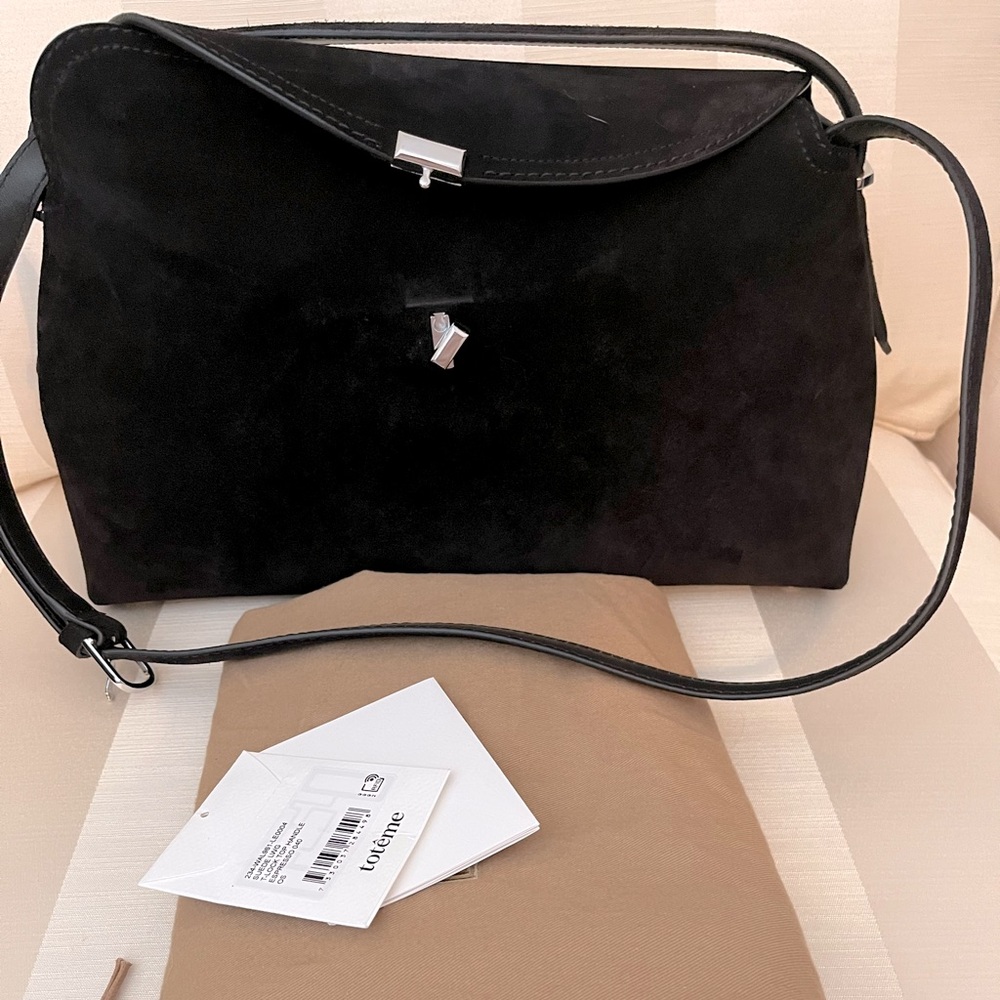 TOTEME T-Lock suede shoulder bag in dark brown suede